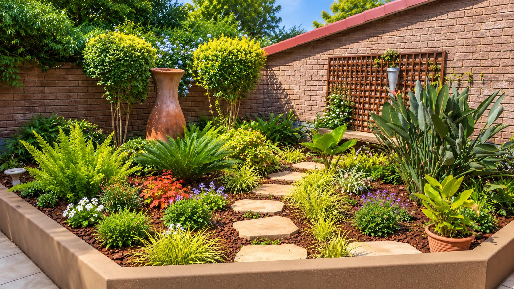 Water-wise landscaped garden with mulch in Johannesburg